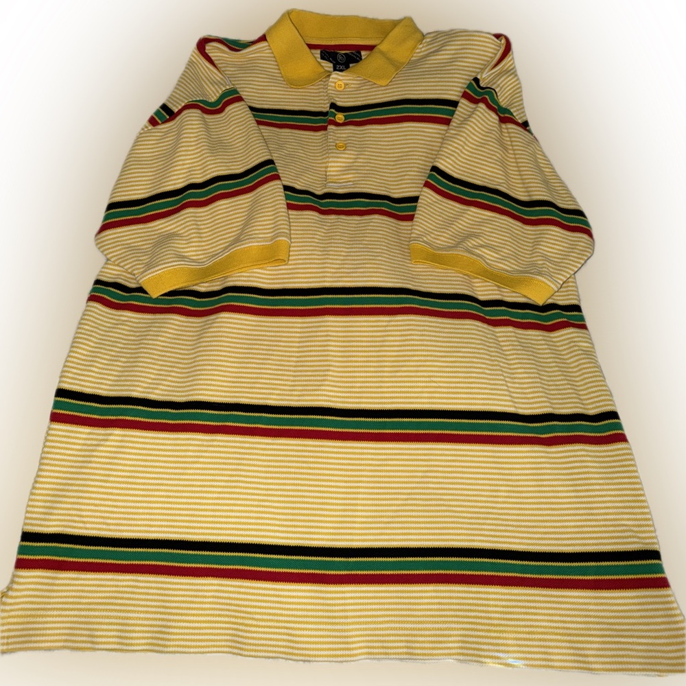 Vintage Royal Blue Striped Polo Shirt 2XL Rasta Colors 90s Hip Hop